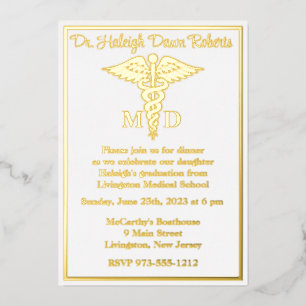 Caduceus Medical School Abschluss, White/Gold Folieneinladung