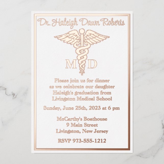 Caduceus Medical School Abschluss White/Rose Gold Folieneinladung (Vorderseite)