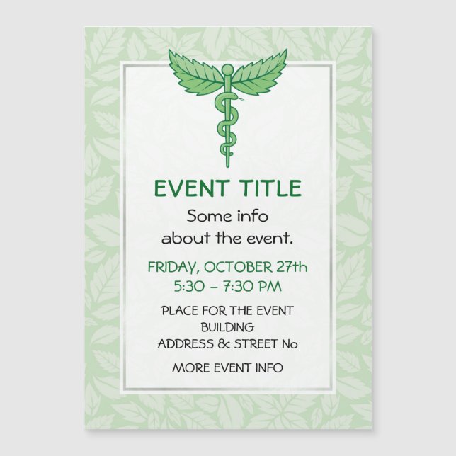 Caduceus mit Blätter Hintergrund Magnetkarte (Vorderseite)