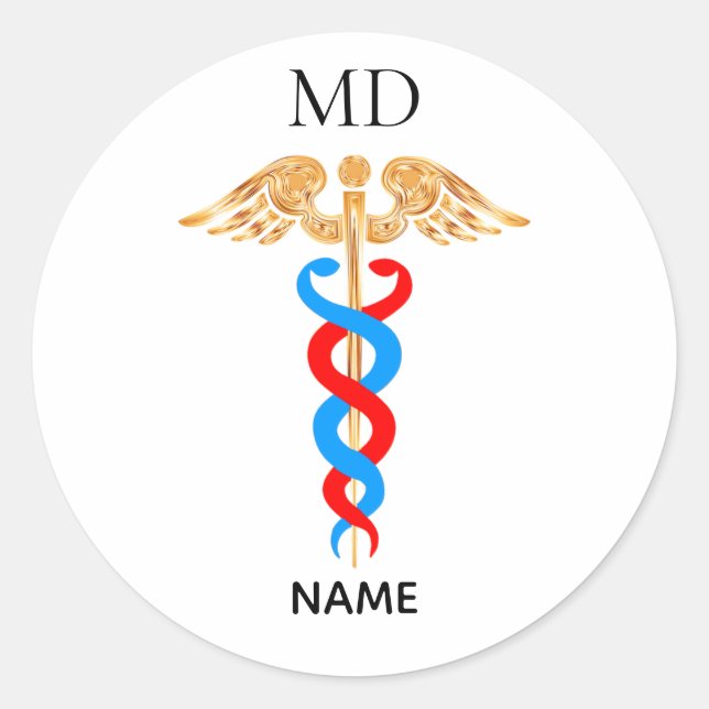 Caduceus Symbol & Medical Doctor Monogramm Runder Aufkleber (Vorderseite)