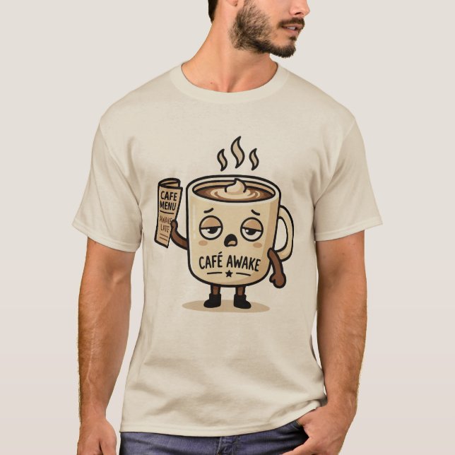 Café Awake Cute Sleepy Coffee Mascot Illustration T-Shirt (Vorderseite)