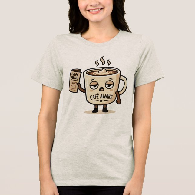 Café Awake Cute Sleepy Coffee Mascot Illustration Tri-Blend Shirt (Vorderseite)