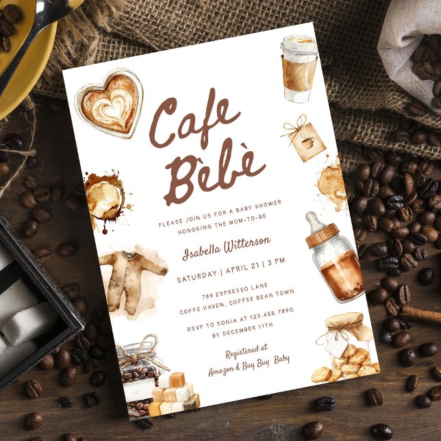 Cafe Bebe Baby Is Brewing Coffee Brown Baby Shower Einladung (Von Creator hochgeladen)