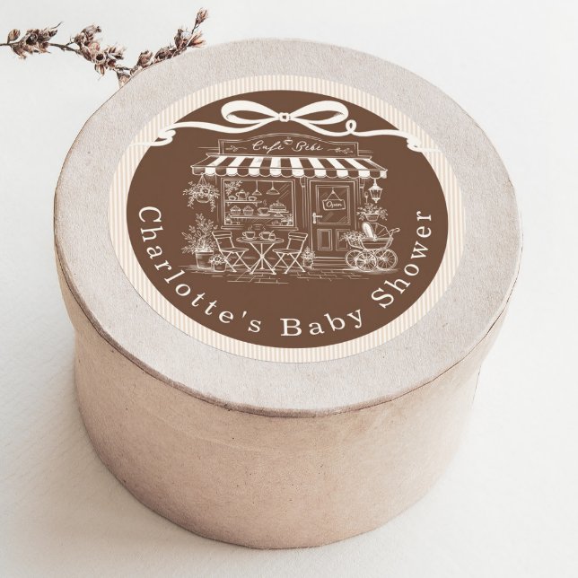 Cafe Bebe Brown Stripes Parisian theme Baby Shower Runder Aufkleber (Von Creator hochgeladen)