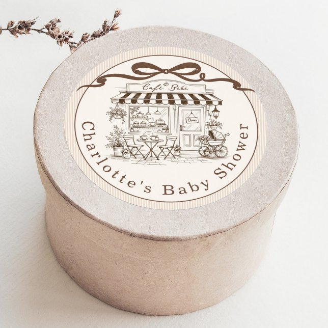 Cafe Bebe Brown Stripes Parisian theme Baby Shower Runder Aufkleber (Von Creator hochgeladen)