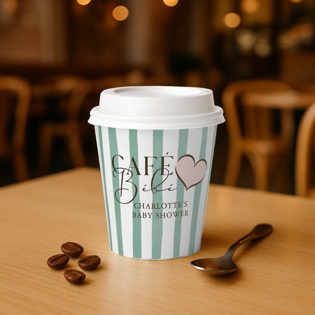 Café Bébé Mint Strippencoffee Themed Babydusche Pappbecher (Café Bébé Mint Striped Coffee Themed Baby Shower Paper Cups)