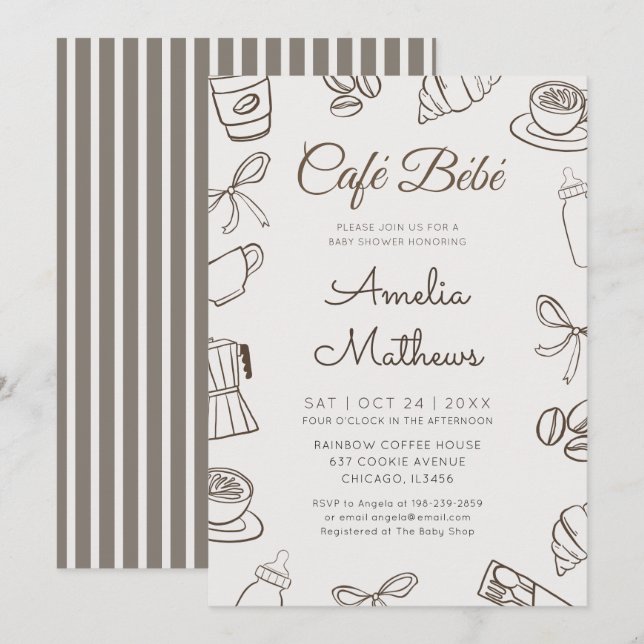 Cafe Bebe Whimsical Coffee & Bow Baby Shower  Einladung (Vorne/Hinten)