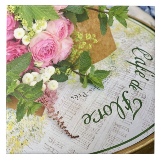 Café de Flore Bistro Tische mit Rose Keramik Fliese (Vorderseite)