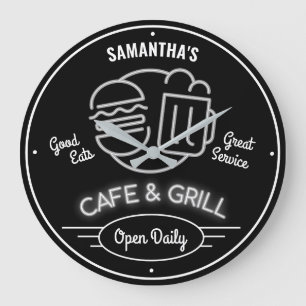 Cafe Grill Fifties Neon Effect Black White Retro Große Wanduhr