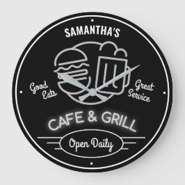 Cafe Grill Fifties Neon Effect Schwarz-weiß Retro Große Wanduhr