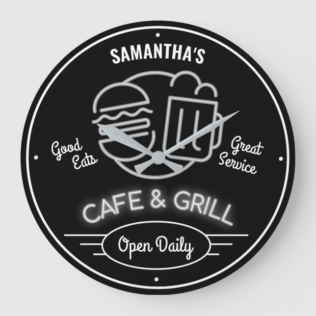 Cafe Grill Fifties Neon Effect Schwarz-weiß Retro Große Wanduhr (Vorderseite)