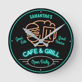 Cafe Grill Retro Fifties Neon Effect any name Runde Wanduhr