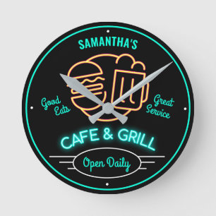 Cafe Grill Retro Fifties Neon Effect any name Runde Wanduhr