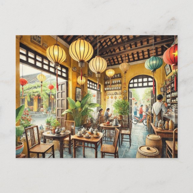Café in Hoi An Vietnam Aquarellmalerei Postkarte (Vorderseite)