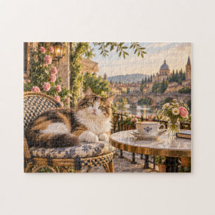 Café-Katze entspannt neben floraler Teetasse Puzzle