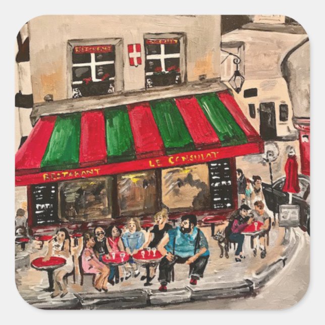 "Café on Rue Norvins, Montmartre" Paris Quadratischer Aufkleber (Vorderseite)