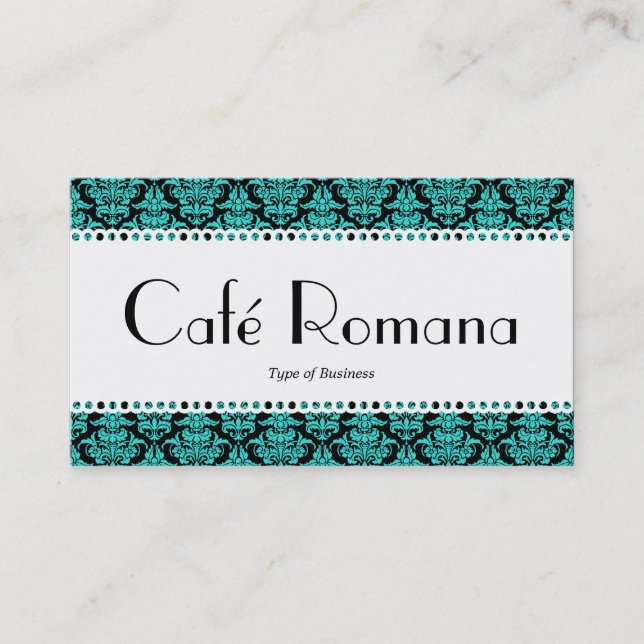 Café Romana (Scalloped) Aqua Damask Visitenkarte (Vorderseite)