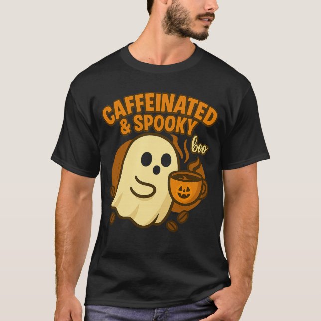 Caffeinated & Spooky Halloween Coffee Ghost T-Shirt (Vorderseite)