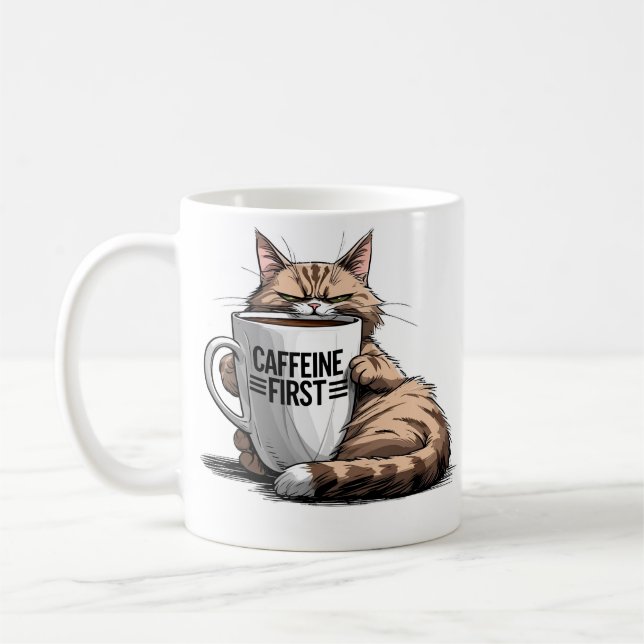 Caffeine First Coffee Mug for Cat & Coffee Lovers Kaffeetasse (Links)