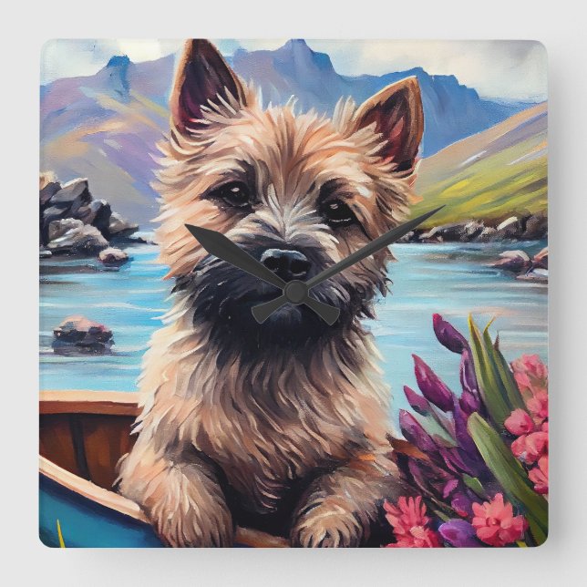 Cairn Terrier auf dem Paddle: Ein Landschaftliches Quadratische Wanduhr (Vorderseite)