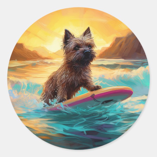 Cairn Terrier Beach Surfmalerei Runder Aufkleber (Vorderseite)