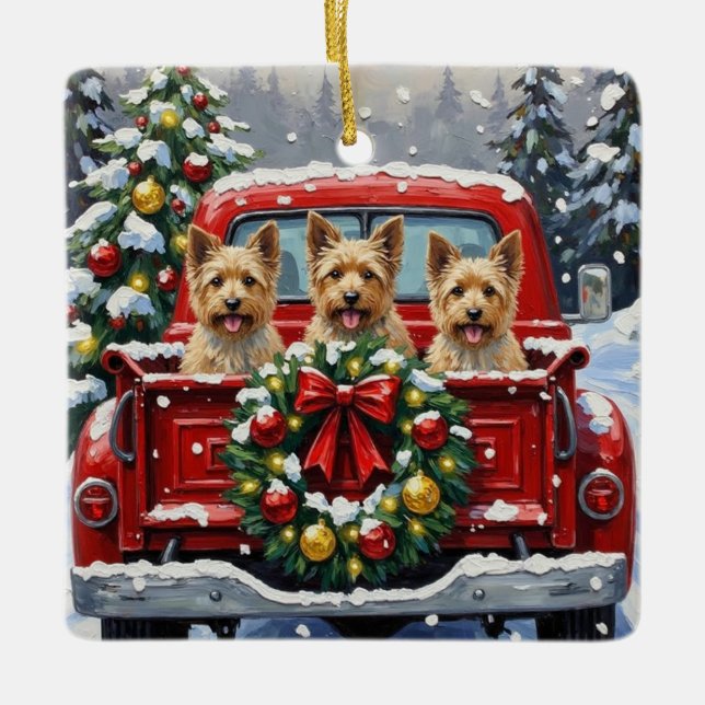 Cairn Terrier Christmas Red Truck Holiday Keramikornament (Vorderseite)