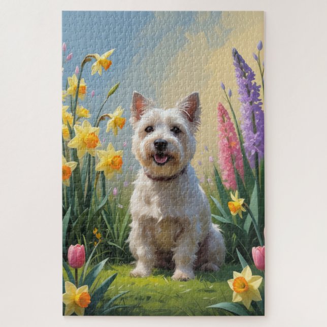 Cairn Terrier Dog Frühlingsblumen Malerei Puzzle (Vertikal)