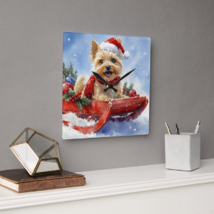 Cairn Terrier Dog in Sledge Let it Schnee Weihnach Quadratische Wanduhr