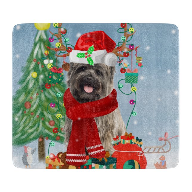 Cairn Terrier Dog in Snow mit Weihnachtsgeschenken Schneidebrett (Vorderseite)