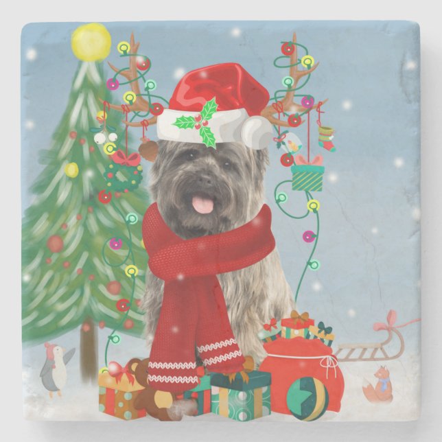 Cairn Terrier Dog in Snow mit Weihnachtsgeschenken Steinuntersetzer (Vorderseite)