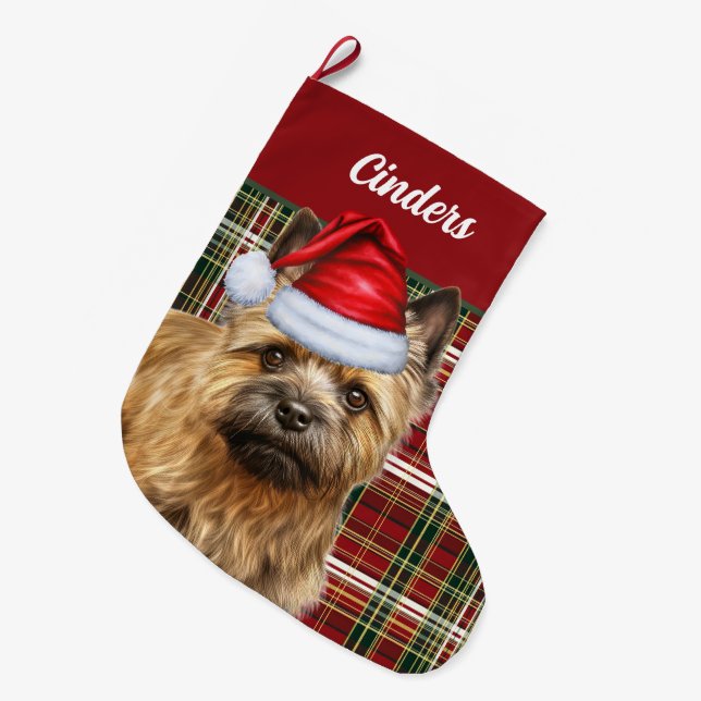 Cairn Terrier Dog mit Holiday Kariert Personalisie Großer Weihnachtsstrumpf (Vorderansicht (hängend))