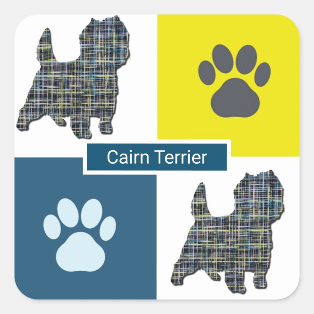 Cairn Terrier Dog & Paw Y&B Grid Square Sticker (Vorderseite)