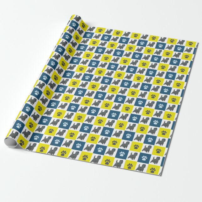Cairn Terrier Dog & Paw Yellow & Blue Grid Geschenkpapier (Ungerollt)