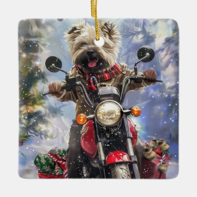 Cairn Terrier Dog Riding Motorrad Weihnachten Keramikornament (Vorderseite)