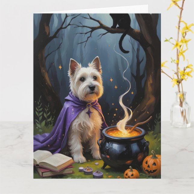 Cairn Terrier Dog Whimsical Halloween Malerei Karte (Gelbe Blume)