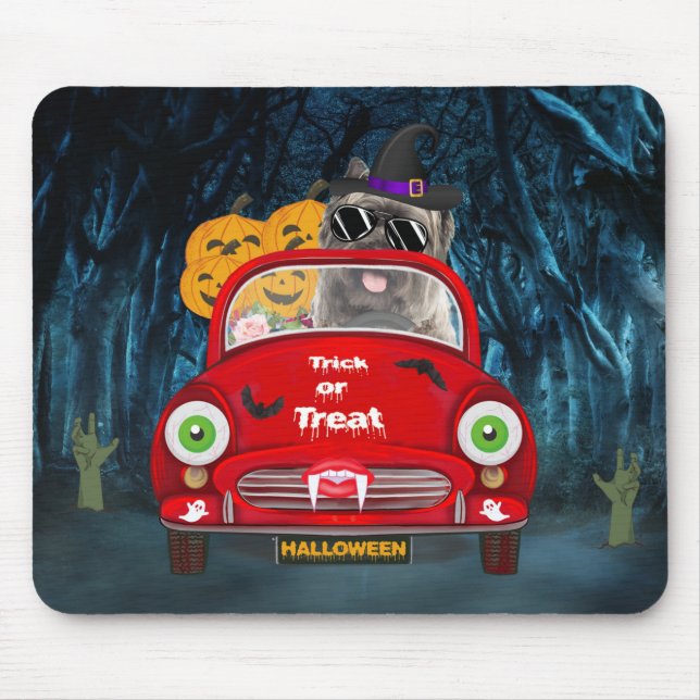 Cairn Terrier Driving Car Beängstigend Halloween Mousepad (Vorne)