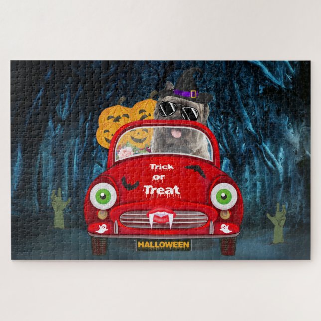 Cairn Terrier Driving Car Beängstigend Halloween Puzzle (Horizontal)