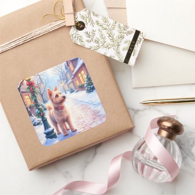 Cairn Terrier Festive Lamppost Village Christmas Quadratischer Aufkleber (Schenken)