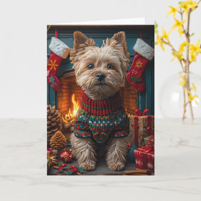 Cairn Terrier Hund mit Weihnachtsgeschenken Kamin Karte (Gelbe Blume)