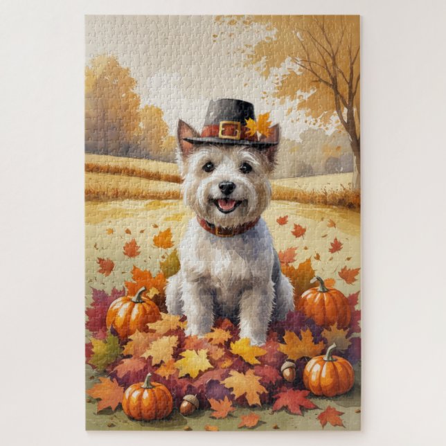 Cairn Terrier im Herbst hinterlässt Erntedank Art Puzzle (Vertikal)