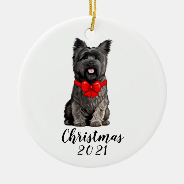 Cairn Terrier in Christmas Bow Datum individuell a Keramik Ornament (Vorne)