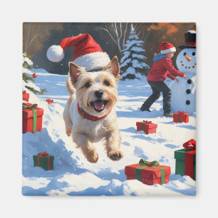 Cairn Terrier läuft in Snow mit Weihnachtsmütze Magnet