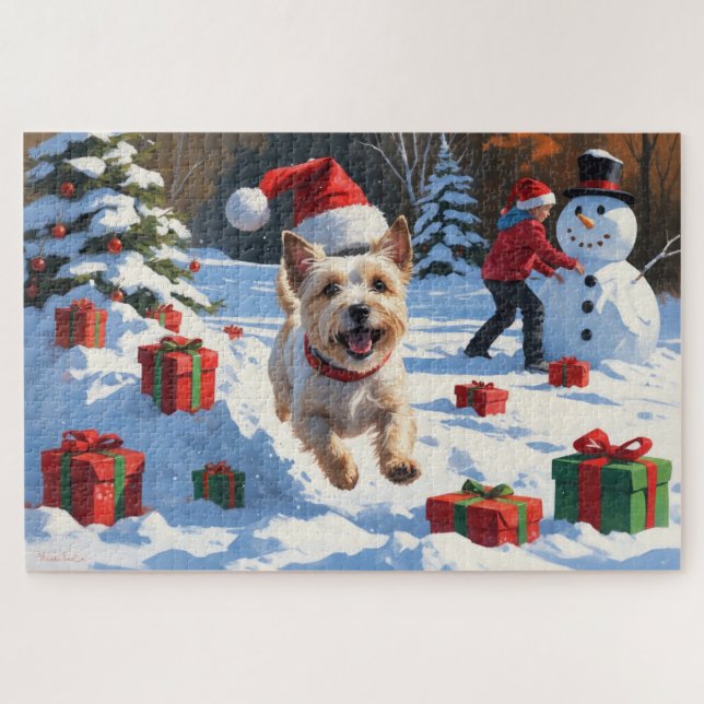 Cairn Terrier läuft in Snow mit Weihnachtsmütze Puzzle (Horizontal)