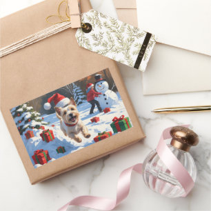 Cairn Terrier läuft in Snow mit Weihnachtsmütze Rechteckiger Aufkleber