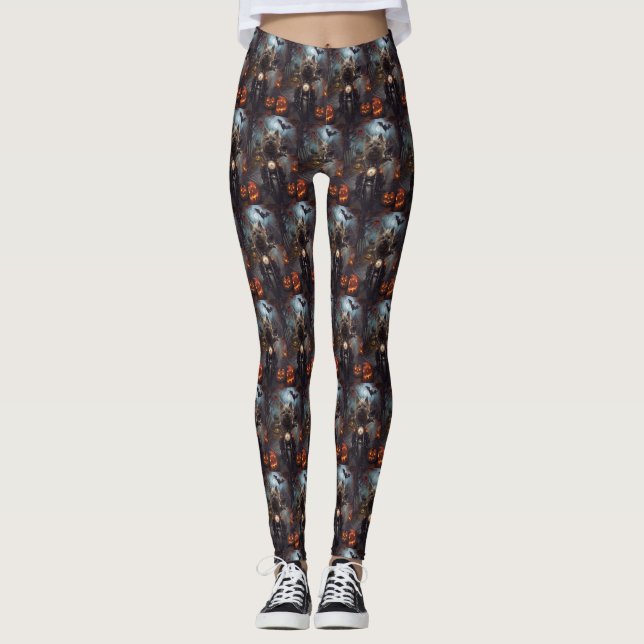 Cairn Terrier Riding Motorrad Halloween Beängstige Leggings (Vorderseite)