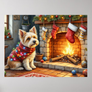 Cairn Terrier sitzt am Kamin mit Weihnachtsbeleuch Poster