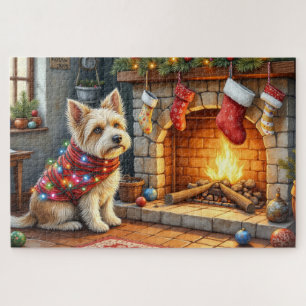 Cairn Terrier sitzt am Kamin mit Weihnachtsbeleuch Puzzle