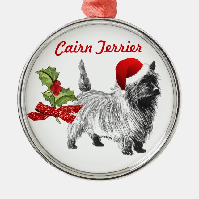Cairn Terrier w/Santa Cap Holly Christmas Ornament Aus Metall (Vorne)