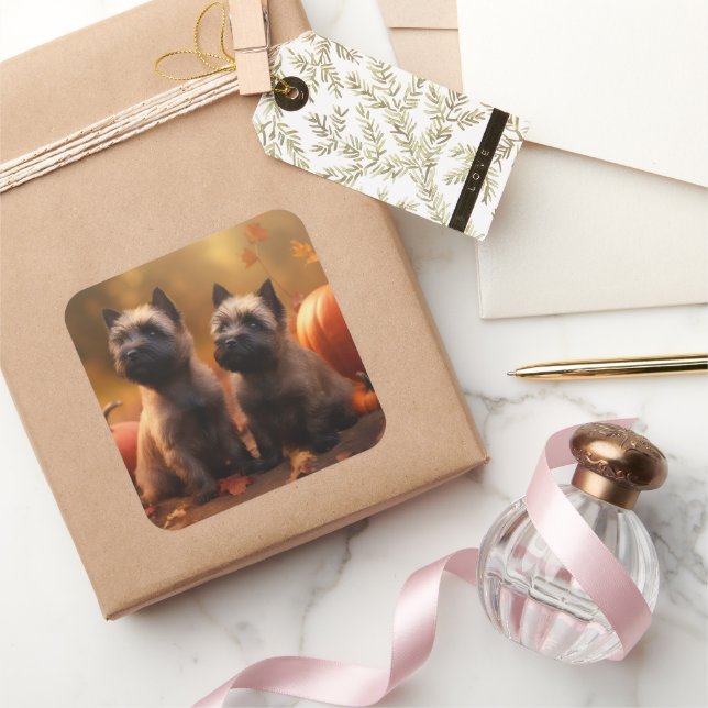 Cairn Terrier Welpe Herbst Kürbis Quadratischer Aufkleber (Schenken)