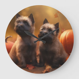 Cairn Terrier Welpe Herbstvergnügen Kürbis Große Wanduhr